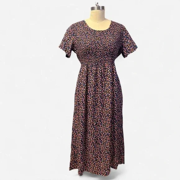 Vintage floral maxi dress 90s scoop neck smocked women's small S grunge